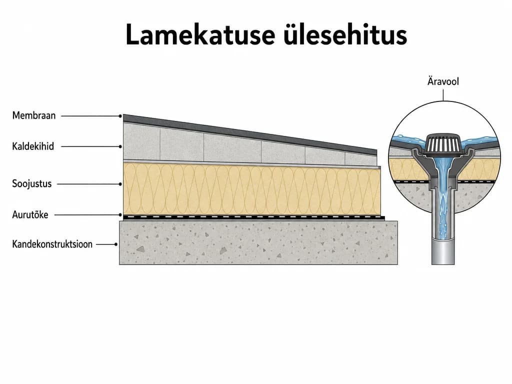 Sildistatud läbilõikejoonis lamekatuse kihilisest ülesehitusest: kandekonstruktsioon, aurutõke, soojustus, kaldekihid, membraan, äravool