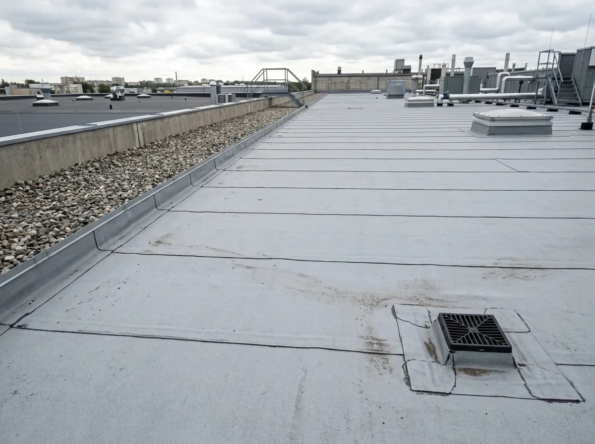 Lamekatus keevitatud PVC-membraaniga, äravooluga ja kruusaribaga servas