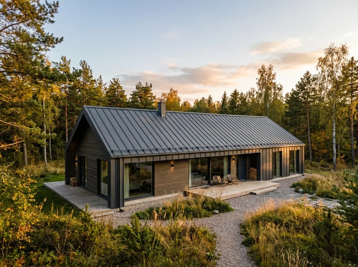 Moodne eramu tumehalli valtsplekk-katusega metsa serval