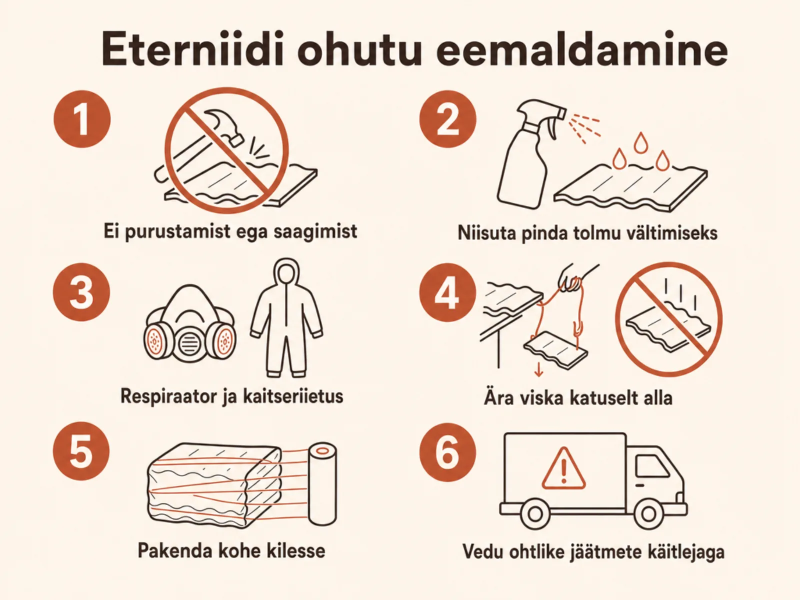 Infograafik: eterniidi ohutu eemaldamise kuus sammu — ära murra ega saagi, niisuta pinda, kanna respiraatorit ja kaitseriietust, ära viska katuselt alla, pakenda kohe kilesse, vedu ohtlike jäätmete käitlejaga