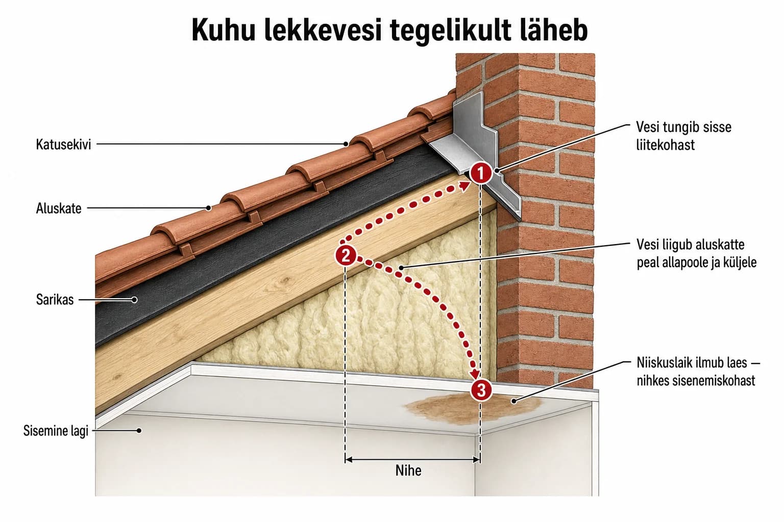 Sildistatud läbilõikejoonis katuse konstruktsioonist korstna juures: vesi tungib sisse liitekohast (1), liigub mööda aluskatet ja sarikat allapoole ning küljele (2), ja ilmub niiskuslaiguna laes, nihkes tegelikust sisenemiskohast (3)